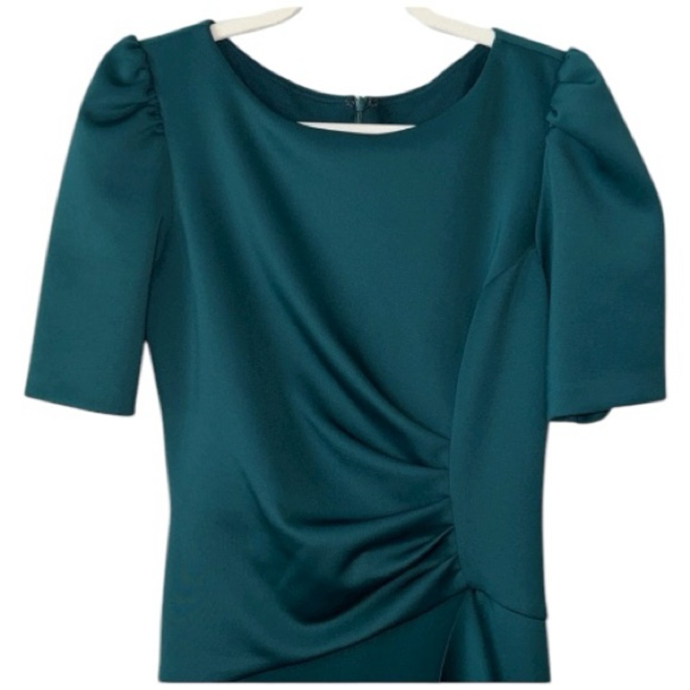 Xscape Ruched Hunter Green Puff Sleeve Short Sleeve Sheath Scuba Dress Size 12 - Picture 6 of 10